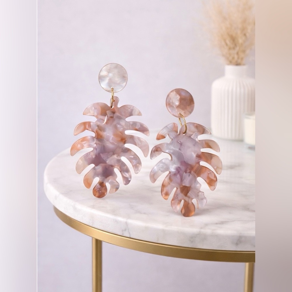 NWOT - Pink Acrylic Leaf Drop Earrings | Elegant Statement Jewelry